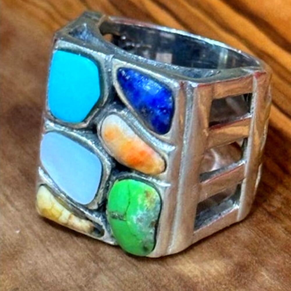 Sterling Silver 925 Southwest Multi Gemstone Cobblestone Ring 7